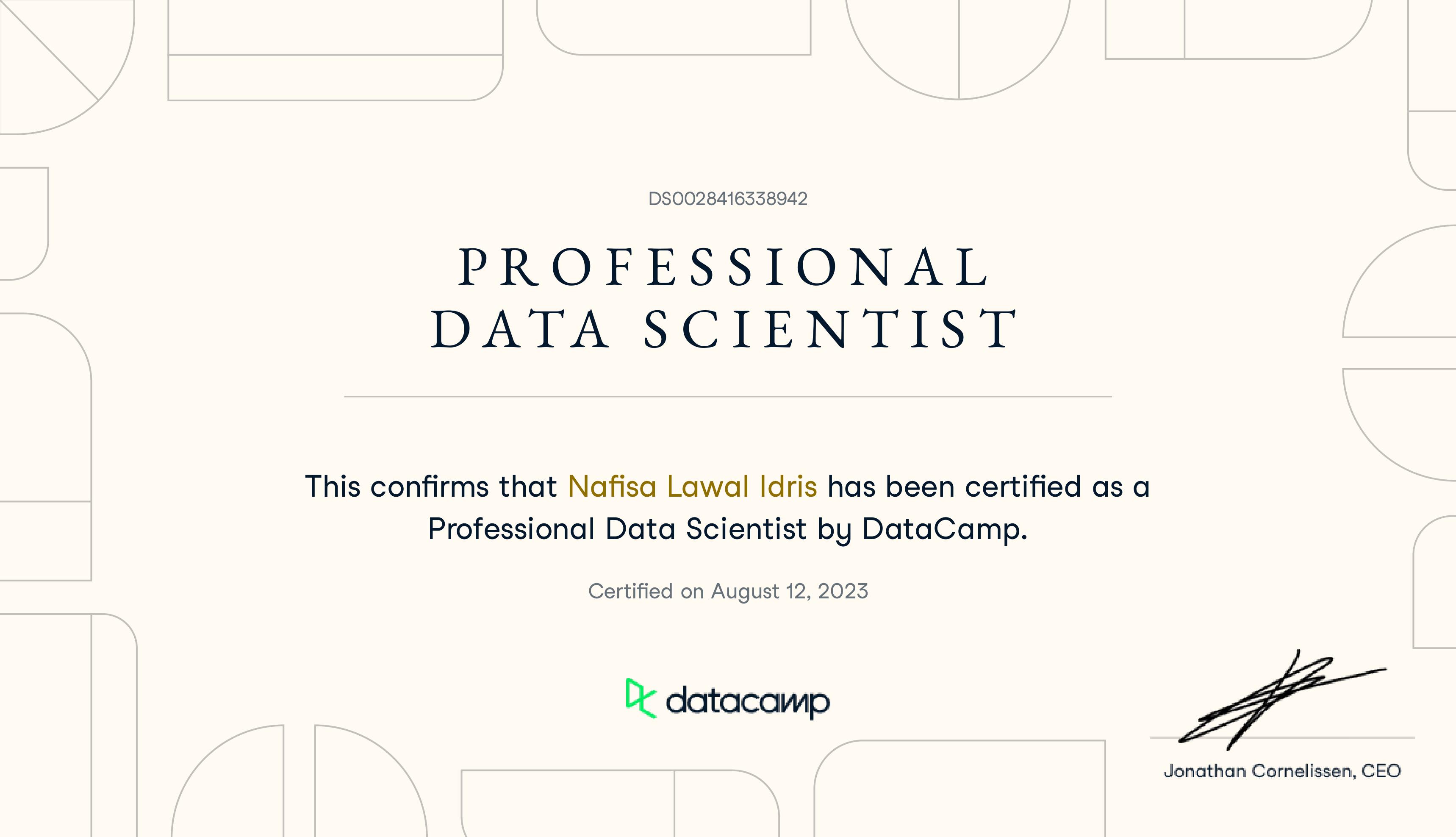 Datacamp Professional Data Scientist Certificate